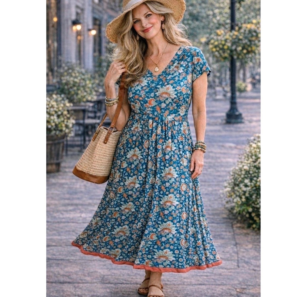 Soft Surroundings Kara Maxi Dress Large TealFloral Boho Tiered Cottagecore  2X